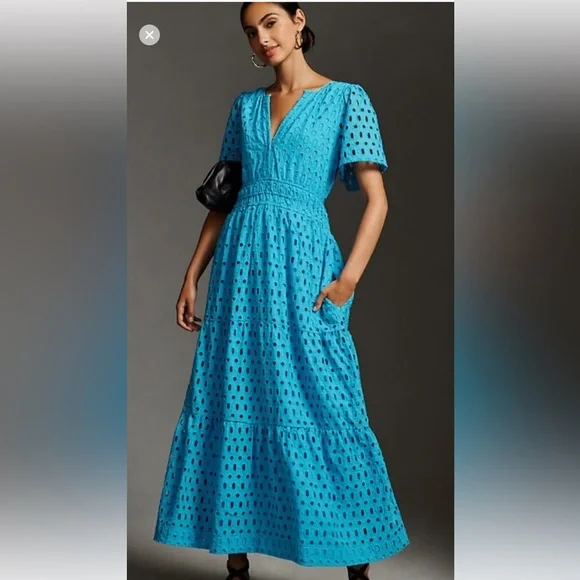 Anthropologie Blue Eyelet Maxi Dress - Picture 1 of 9